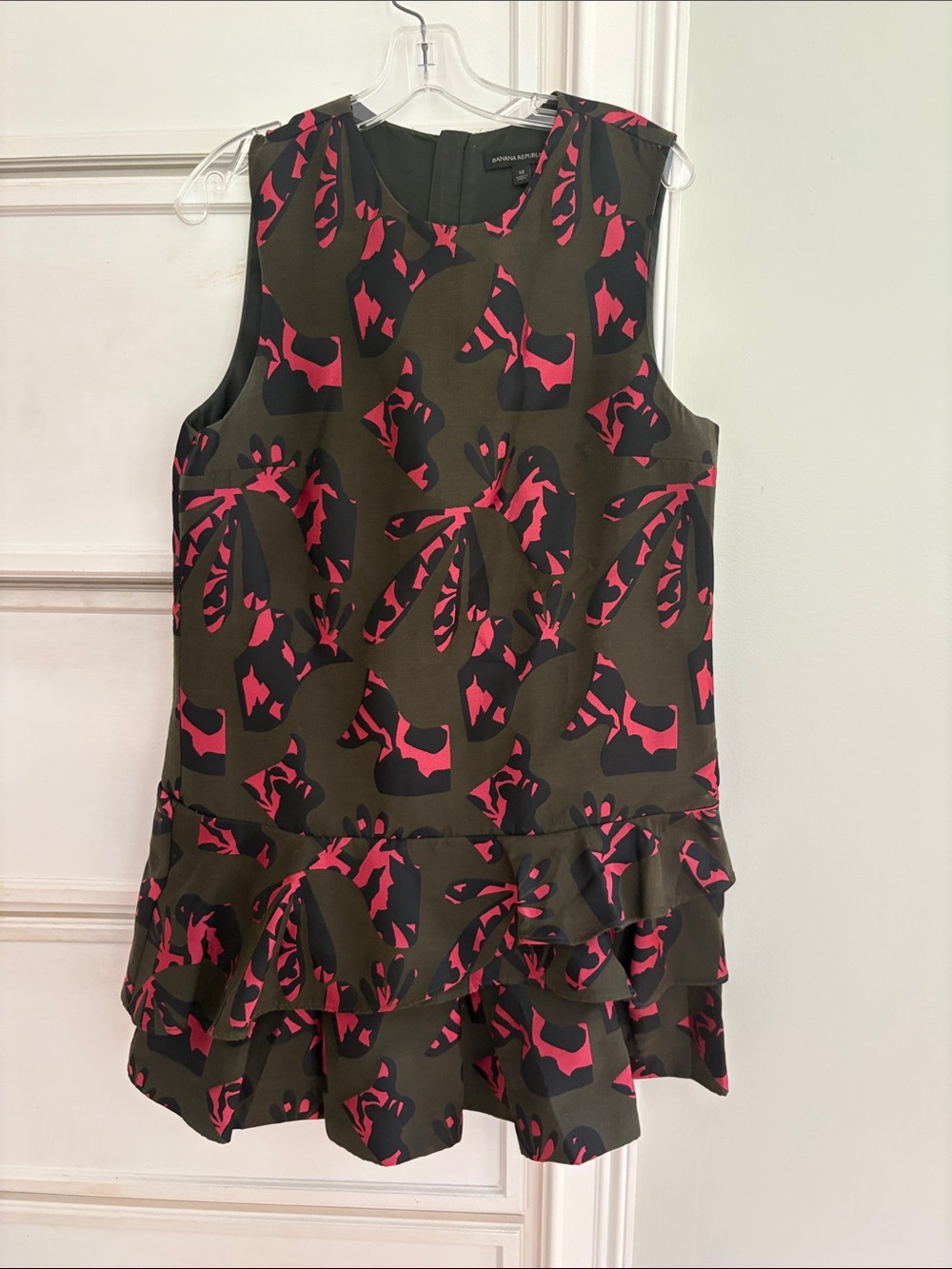 Banana Republic Olive & Hot Pink Patterned Ruffle Dress Size 12